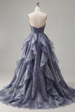 Strapless Starry Dusty Blue A Line Ruffled Long Prom Dress
