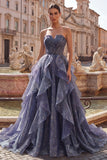 Strapless Starry Dusty Blue A Line Ruffled Long Prom Dress