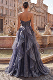 Strapless Starry Dusty Blue A Line Ruffled Long Prom Dress