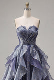 Strapless Starry Dusty Blue A Line Ruffled Long Prom Dress