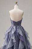 Strapless Starry Dusty Blue A Line Ruffled Long Prom Dress