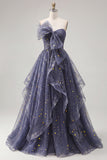 Dusty Blue Starry Tulle Strapless A Line Ruffled Prom Dress with Bow