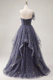 Dusty Blue Starry Tulle Strapless A Line Ruffled Prom Dress with Bow