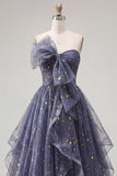 Dusty Blue Starry Tulle Strapless A Line Ruffled Prom Dress with Bow
