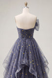 Dusty Blue Starry Tulle Strapless A Line Ruffled Prom Dress with Bow