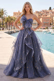 Dusty Blue Starry Tulle Strapless A Line Ruffled Prom Dress with Bow