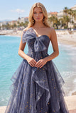 Dusty Blue Starry Tulle Strapless A Line Ruffled Prom Dress with Bow