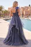 Dusty Blue Starry Tulle Strapless A Line Ruffled Prom Dress with Bow