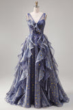 Elegant V-Neck Tulle Starry Sky Dusty Blue Prom Dress with Tiered Ruffles