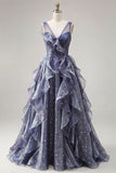 Elegant V-Neck Tulle Starry Sky Dusty Blue Prom Dress with Tiered Ruffles