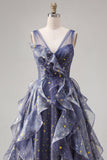 Elegant V-Neck Tulle Starry Sky Dusty Blue Prom Dress with Tiered Ruffles