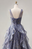 Elegant V-Neck Tulle Starry Sky Dusty Blue Prom Dress with Tiered Ruffles