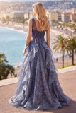 Elegant V-Neck Tulle Starry Sky Dusty Blue Prom Dress with Tiered Ruffles