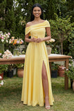 Yellow A-Line One Shoulder Maxi Dress with Slit