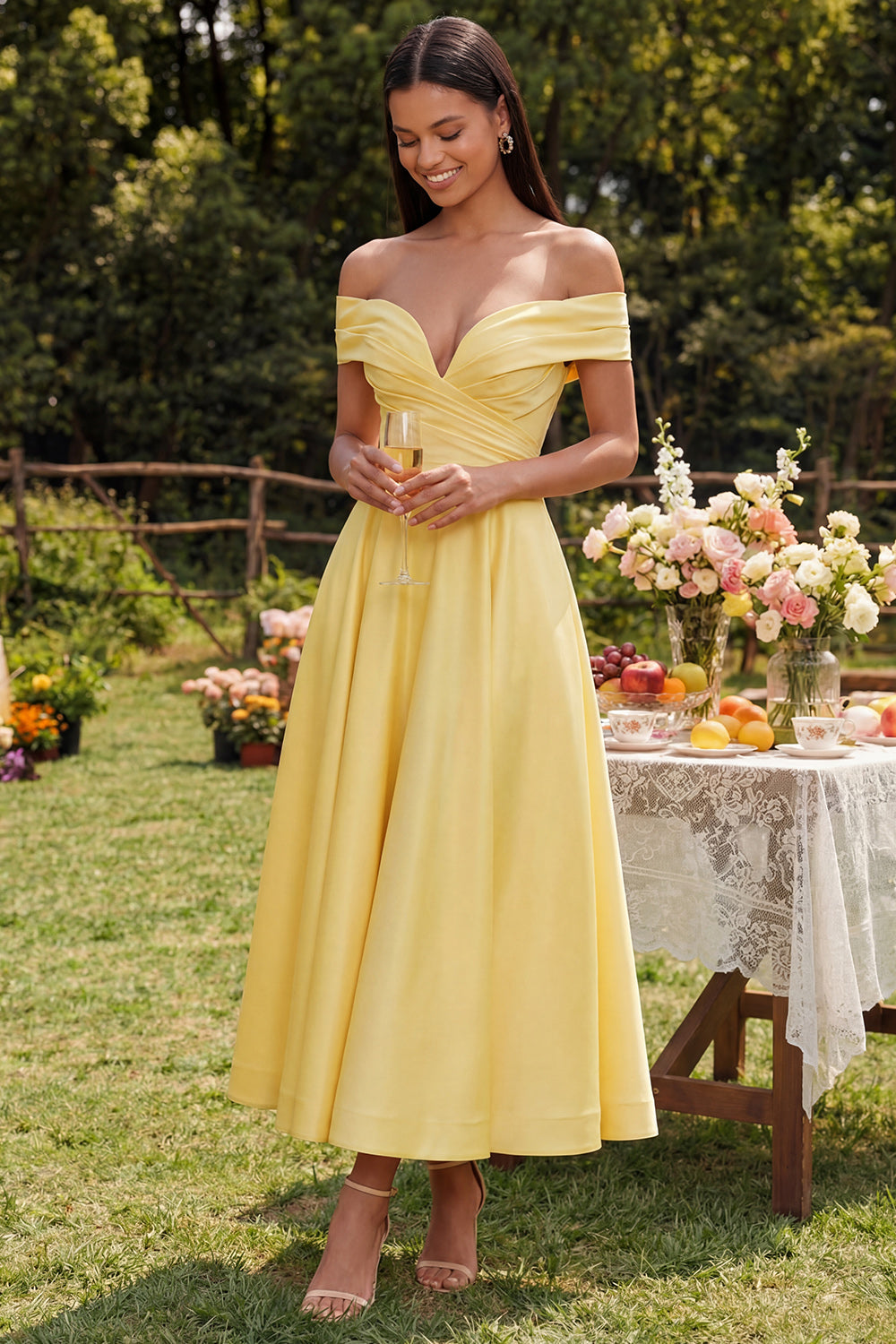 ZAPAKA Women Yellow A-Line Maxi Dress Off the Shoulder Ruched Wedding Guest Dress with Pockets, Yellow / US10 ZAPAKA Women Yellow A-Line Maxi Dress Off the Shoulder Ruched Wedding Guest Dress with Pockets, Yellow / US10