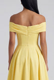 Off the Shoulder Yellow A-Line Ruched Maxi Dress with Pockets