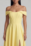 A-Line Off the Shoulder Yellow Corset Maxi Dress with Slit