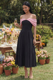 Black A-Line Off the Shoulder Ruched Midi Dress