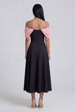 Black A-Line Off the Shoulder Ruched Midi Dress