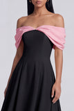 Black A-Line Off the Shoulder Ruched Midi Dress