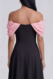 Black A-Line Off the Shoulder Ruched Midi Dress