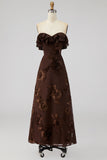 Strapless Yellow Floral Embroidery A Line Maxi Dress with Ruffles