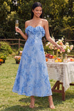 Strapless Light Blue Floral Embroidery A Line Maxi Dress with Ruffles