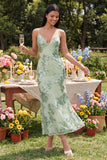 Sage Green Sheath Spaghetti Straps Floral Embroidery Maxi Dress with Lace Up Back