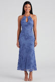Sage Halter Neck Mermaid Midi Dress with Floral Embroidery