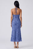Sage Halter Neck Mermaid Midi Dress with Floral Embroidery