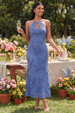 Sage Halter Neck Mermaid Midi Dress with Floral Embroidery