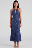 Sage Halter Neck Mermaid Midi Dress with Floral Embroidery