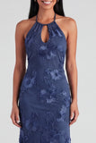 Sage Halter Neck Mermaid Midi Dress with Floral Embroidery