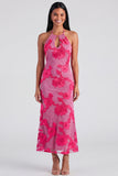 Sage Halter Neck Mermaid Midi Dress with Floral Embroidery