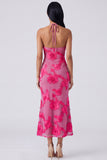 Sage Halter Neck Mermaid Midi Dress with Floral Embroidery