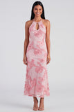 Sage Halter Neck Mermaid Midi Dress with Floral Embroidery