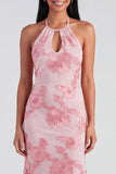 Sage Halter Neck Mermaid Midi Dress with Floral Embroidery