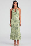 Sage Halter Neck Mermaid Midi Dress with Floral Embroidery