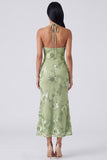 Sage Halter Neck Mermaid Midi Dress with Floral Embroidery