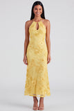 Sage Halter Neck Mermaid Midi Dress with Floral Embroidery