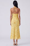Sage Halter Neck Mermaid Midi Dress with Floral Embroidery