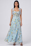Blue Floral Corset A Line Maxi Dress with Slit