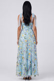 Blue Floral Corset A Line Maxi Dress with Slit