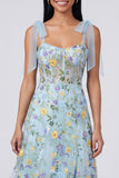 Blue Floral Corset A Line Maxi Dress with Slit