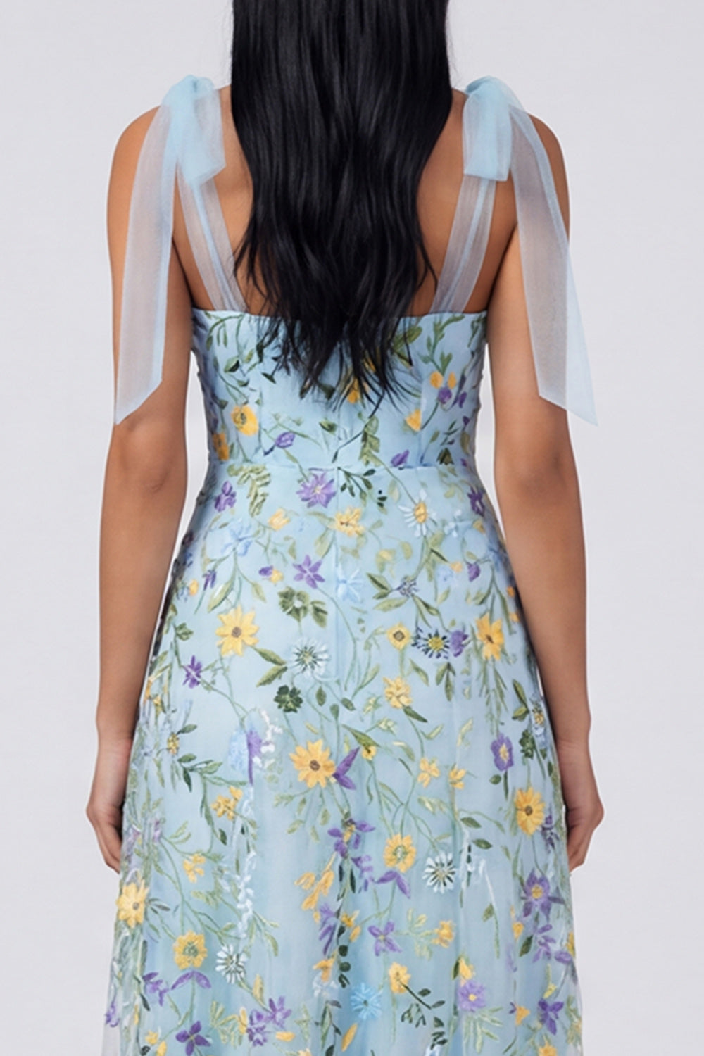 ZAPAKA Women Blue Floral Maxi Dress with Slit Spaghetti Straps A Line