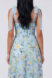 Blue Floral Corset A Line Maxi Dress with Slit