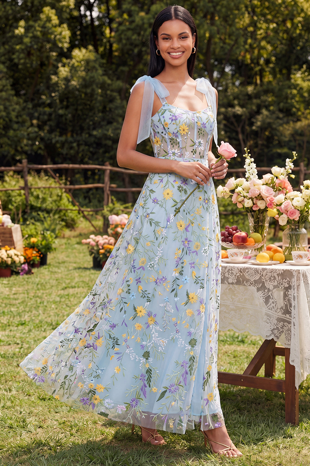 ZAPAKA Women Blue Floral Maxi Dress with Slit Spaghetti Straps A Line