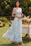 Blue Floral Corset A Line Maxi Dress with Slit