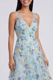Blue Floral V Neck A Line Maxi Dress