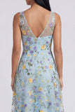 Blue Floral V Neck A Line Maxi Dress